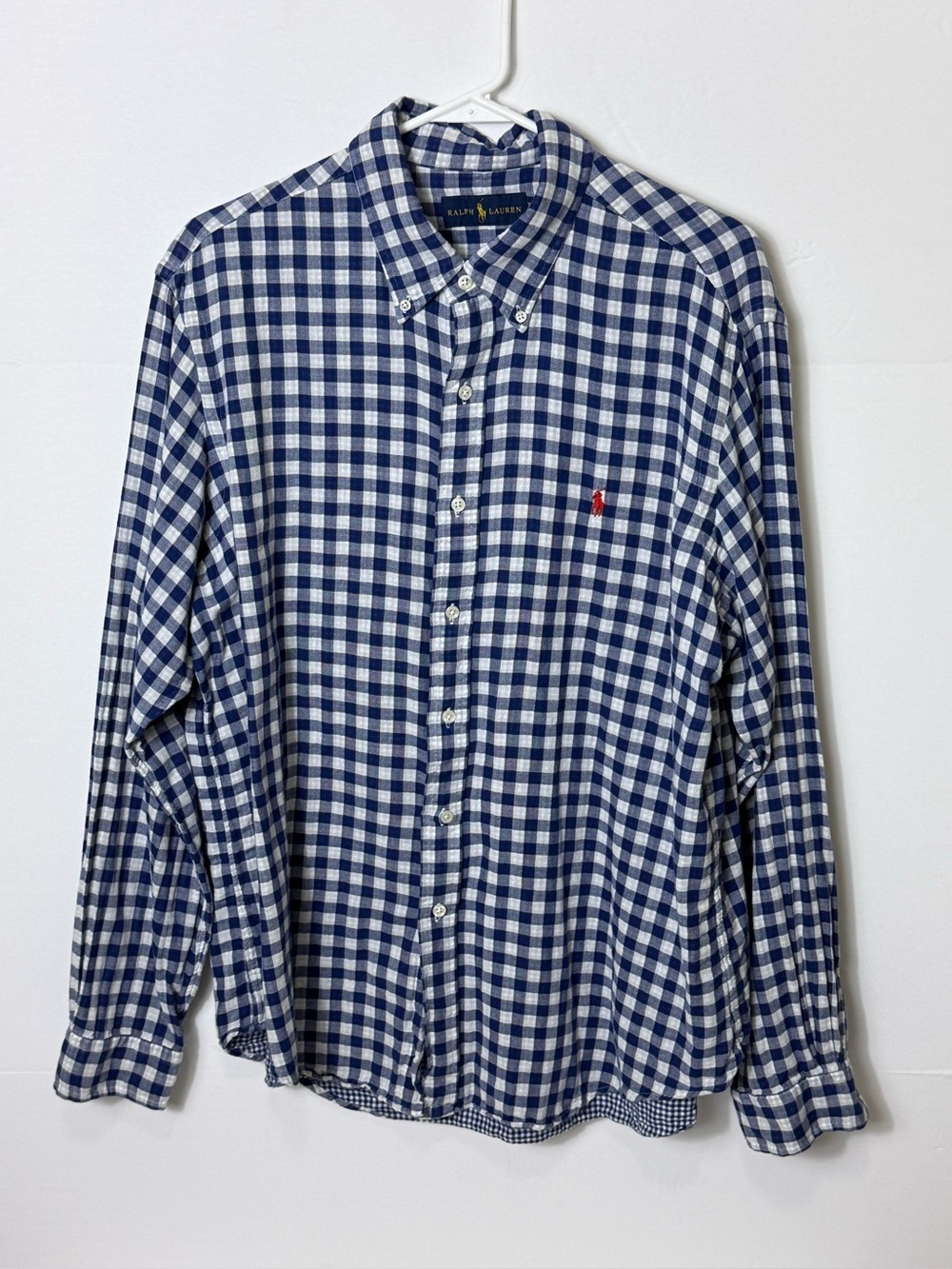 Ralph Lauren Navy and White Gingham Button-Down Shirt with Red Pony